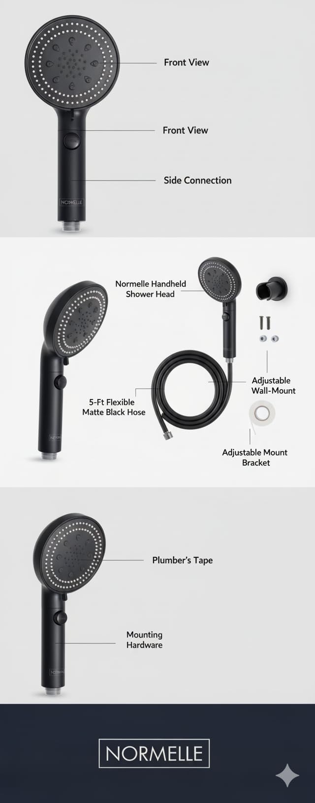 High Pressure Handheld Shower Head with 5 Spray Settings, Extra Long 78-Inch Stainless Steel Hose, Adhesive Adjustable Holder, Matte Black, ON/OFF Pause Switch for Bathroom & RV - Image 5