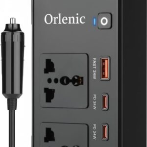 Car Power Inverter 200W with 2 Universal AC Sockets, 2 USB-A and 2 USB-C Ports, QC 3.0 Fast Charging, PD 24W Output, Compact Flame Retardant Design