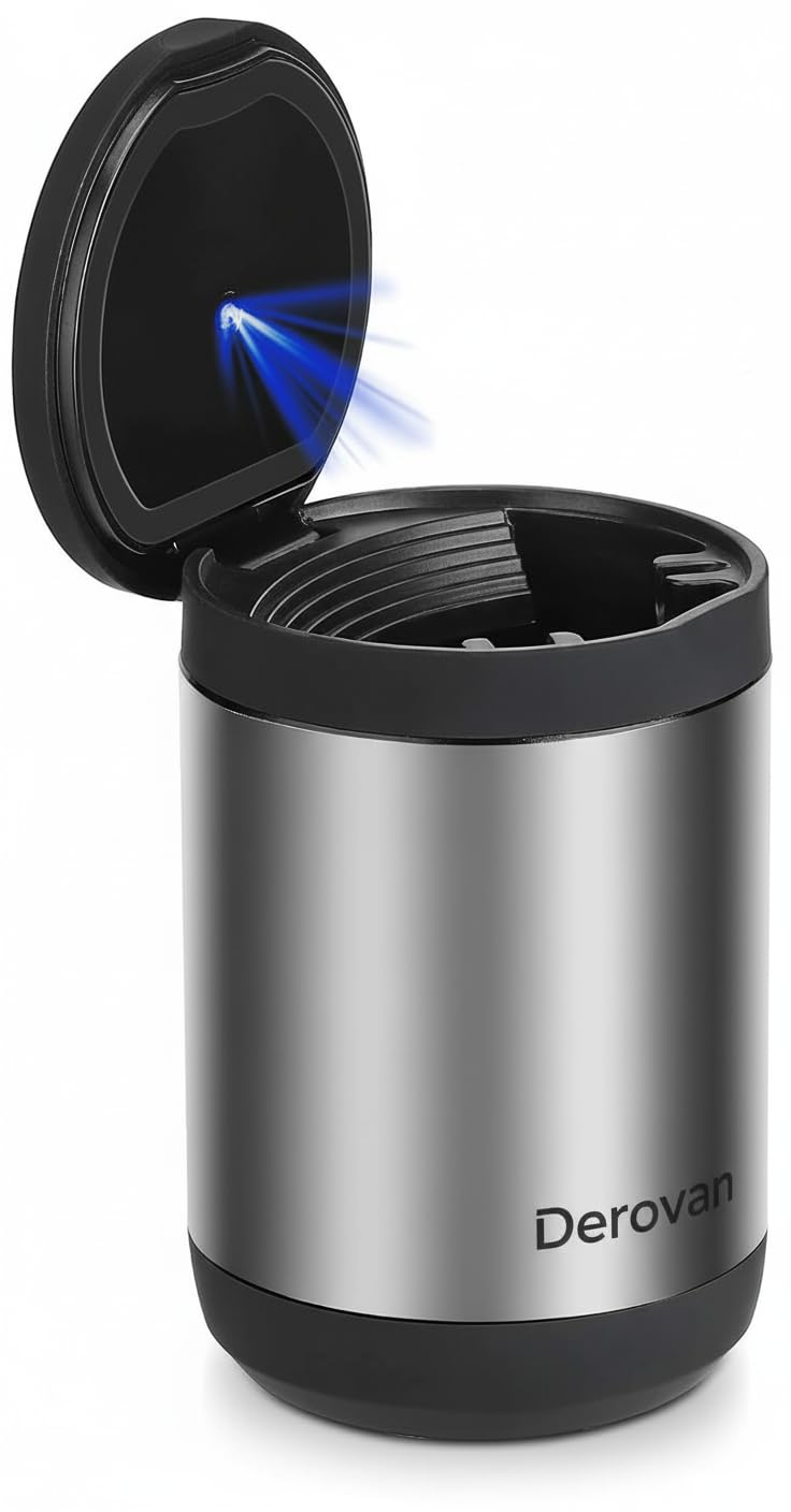 Portable Car Ashtray – Detachable Stainless Steel Mini Ash Tray with Lid & LED Blue Light, Smokeless & Windproof Design