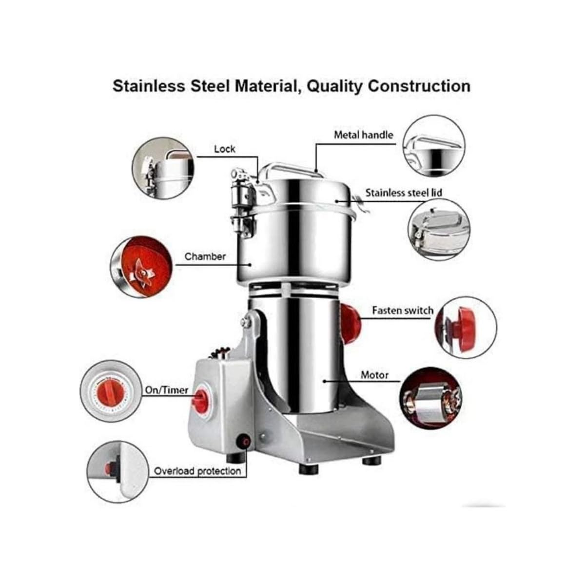 Spice Grinder Machine, 800g Electric Grain & Coffee Grinder, Superfine Mill for Herbs, Nuts, & Cereals, 30s Fast Grinding, 1800W, Overload Protection & 5min Timer, Dry Food Powder Crusher - Image 6
