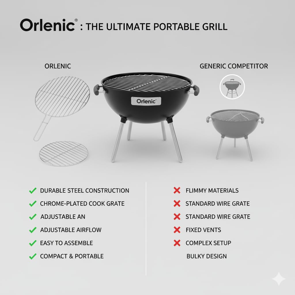 Portable Round Charcoal BBQ Grill – Compact Outdoor Barbecue with Chrome Plated Grates & Enameled Fire Bowl – Camping, Garden, Beach & Picnic Cooking – Easy Fold & Carry - Image 5