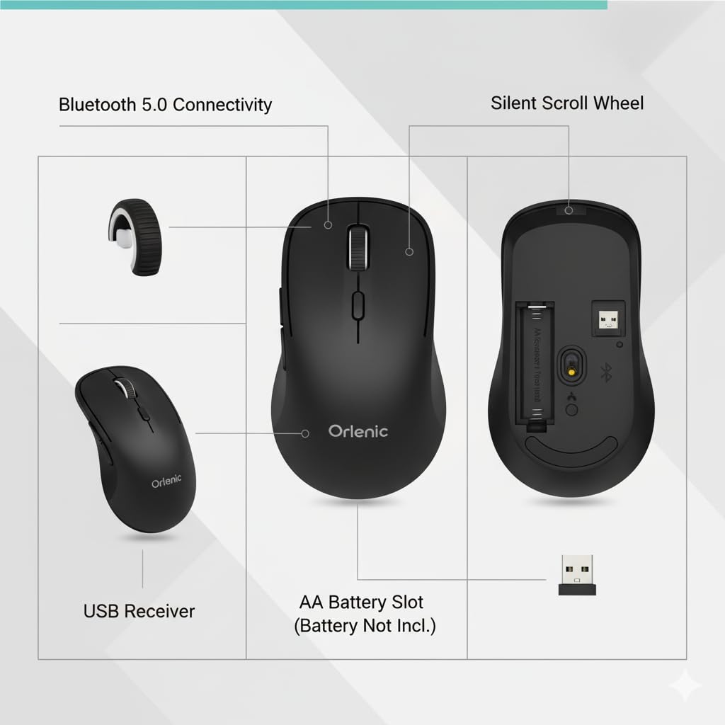 Wireless Mouse Lite 2.4G & Bluetooth Dual Mode, Ergonomic PC Mouse with Silent Click, Optical Sensor, Adjustable DPI, Portable Laptop Mouse for Windows Mac Computer Gaming – Black - Image 5