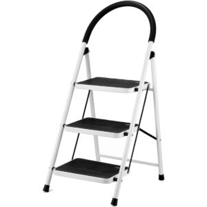 3 Step Ladder Folding Step Stool/Wide Anti-Slip Pedals, Sturdy Steel Frame, Portable Lightweight Design with Rubber Handle for Home, Kitchen, Office, Indoor Use (White & Black)