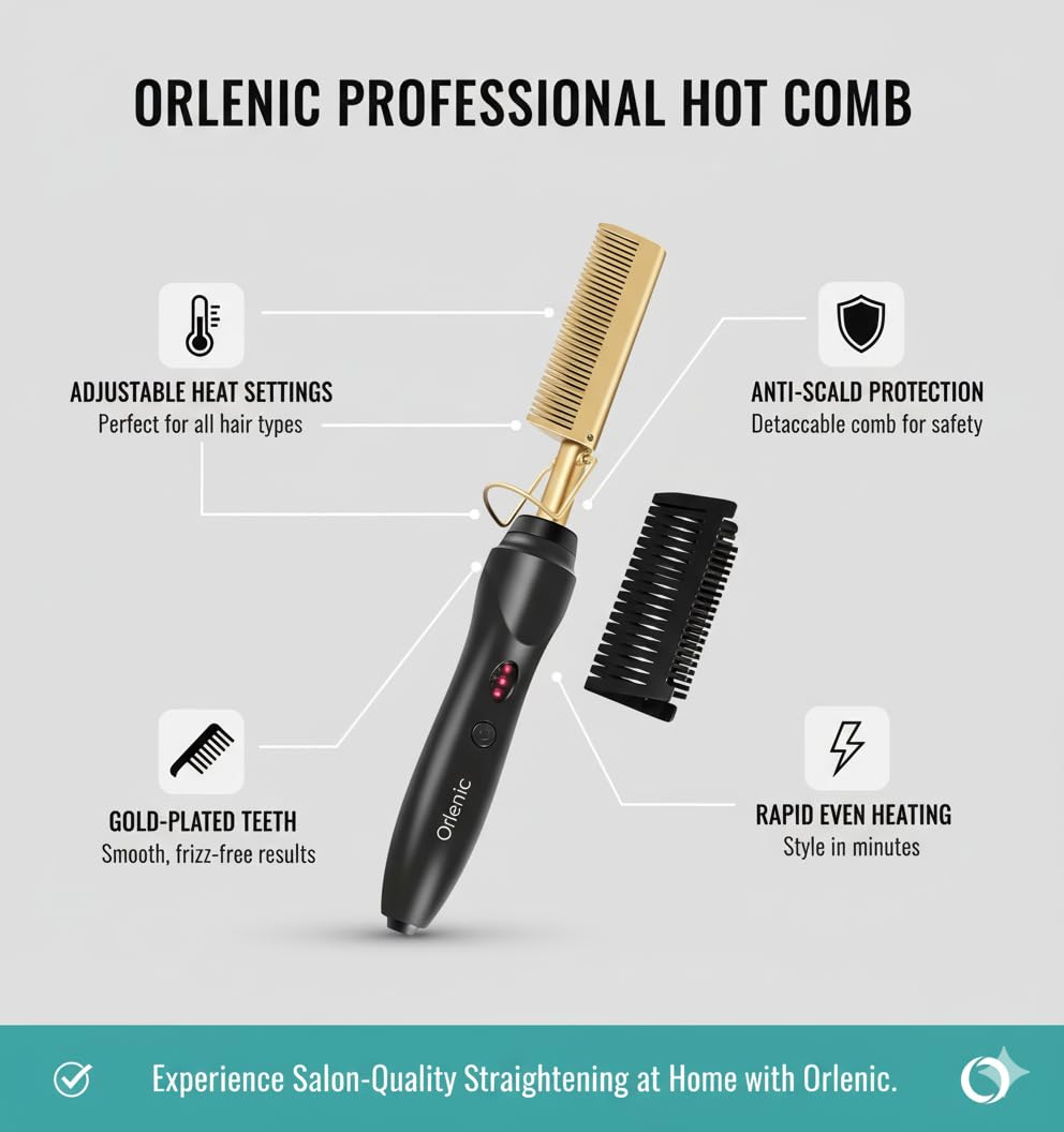 2 in 1 Hair Straightener and Curler Hot Comb, Wet and Dry Electric Styling Brush with Adjustable Temperature, Tourmaline Ceramic Heating, Dual Voltage, LCD Display, Auto Shut-Off, Gold - Image 7