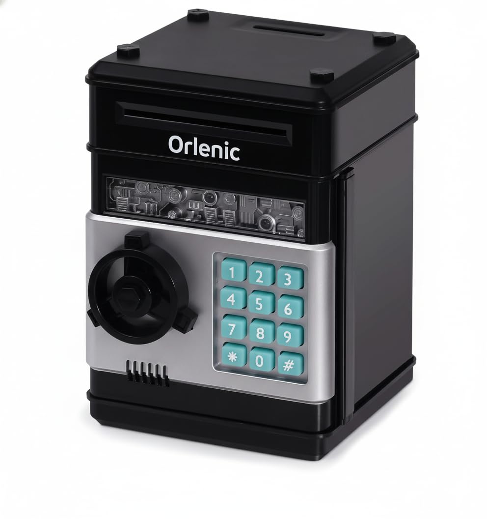 Kids Electronic Piggy Bank ATM for Boys Girls Age 3-12 – Password Protected Money Safe with Lights Sound – Mini Cash Coin Saving Box Toy with Auto Note Slot – Birthday Gift for Children Black