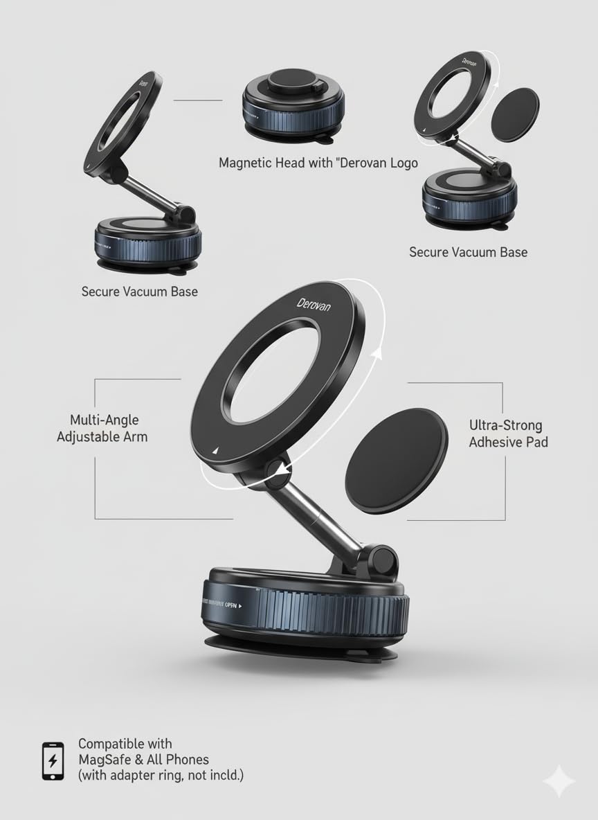 Magnetic Suction Phone Holder – Adjustable Vacuum Suction Cup Mount Compatible with MagSafe iPhone & Android – Hands‑Free 360° Magnetic Grip for Car, Gym, Mirror & Smooth Surfaces - Image 5