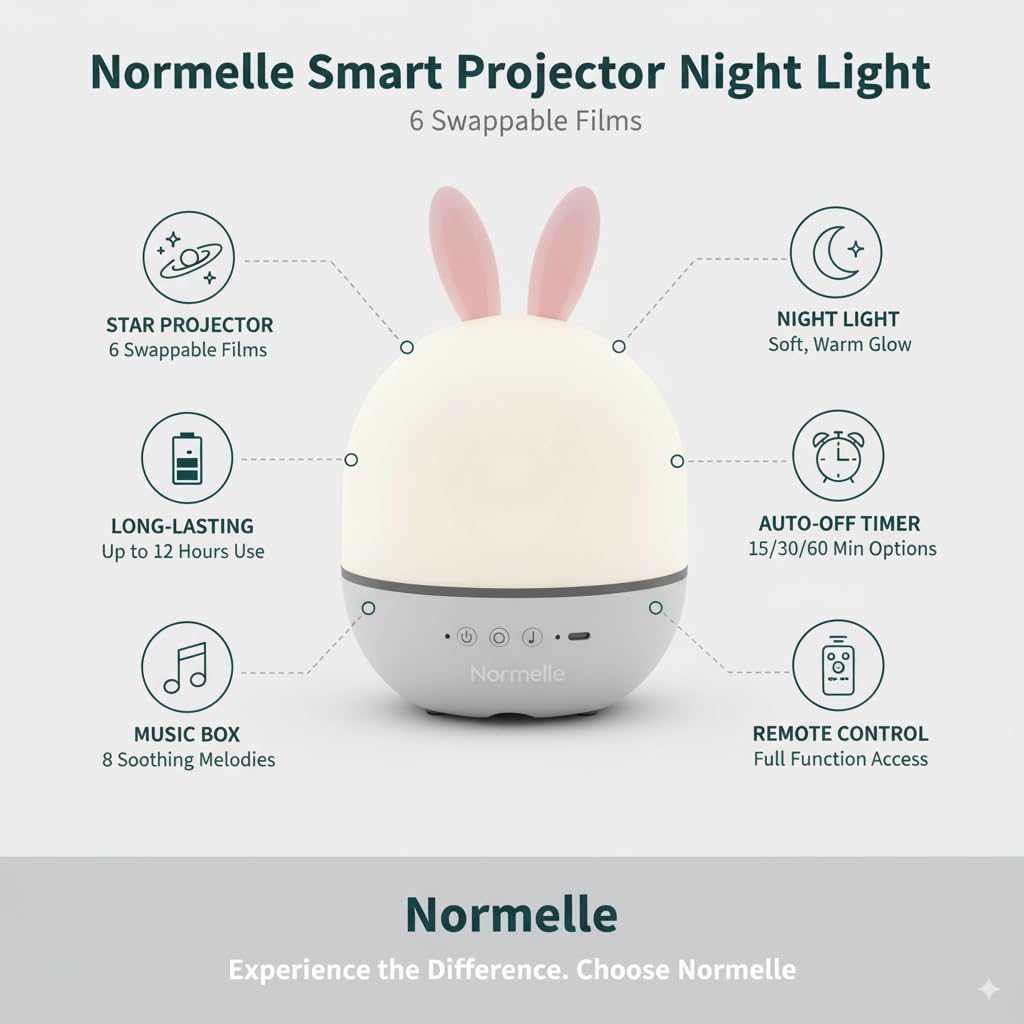 Star Projector Night Light for Kids with Remote, Rechargeable Rabbit Night Lamp with Auto Timer, 24 Lighting Effects, 8 Lullaby Songs, 360° Rotation, Dimmable LED Baby Bedroom Sleep Light - Image 6