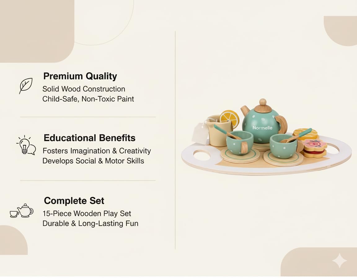 Wooden Tea Set Toy for Kids with Tray, Cups, Teapot, Milk Jug, Spoon, Cookie, Pretend Play Kitchen Accessories for Girls and Boys Ages 3-8, Afternoon Tea Party Set for Toddler Role Play - Image 5