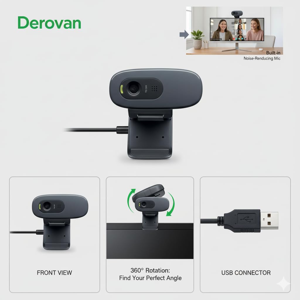 D270 HD Webcam (720p) – USB‑A Plug‑and‑Play with Noise‑Reducing Microphone & Auto-Light Correction - Image 4