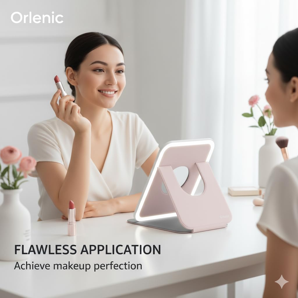 Foldable LED Travel Makeup Mirror with 60 LED Lights, Rechargeable Compact Vanity Mirror with 3 Color Lights, Adjustable Brightness, 360° Rotating Folding Lighted Mirror for Travel - Pink - Image 3