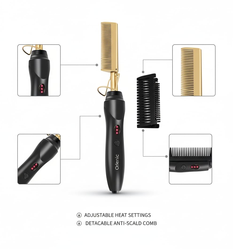 2 in 1 Hair Straightener and Curler Hot Comb, Wet and Dry Electric Styling Brush with Adjustable Temperature, Tourmaline Ceramic Heating, Dual Voltage, LCD Display, Auto Shut-Off, Gold - Image 6