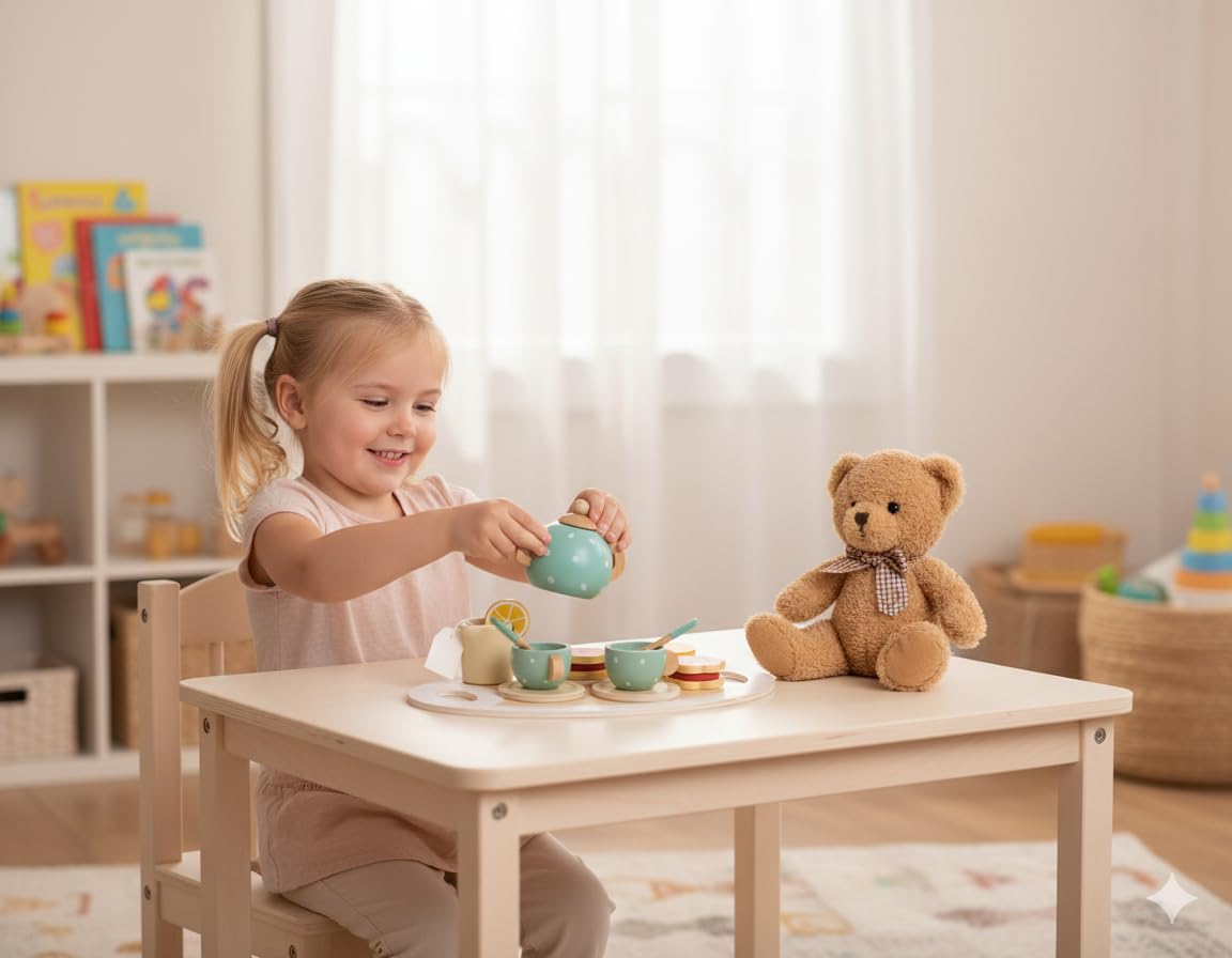 Wooden Tea Set Toy for Kids with Tray, Cups, Teapot, Milk Jug, Spoon, Cookie, Pretend Play Kitchen Accessories for Girls and Boys Ages 3-8, Afternoon Tea Party Set for Toddler Role Play - Image 2