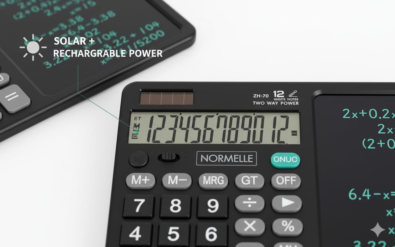 12-Digit Desktop Calculator with Writing Tablet – Solar & Battery Powered Standard Function Office Calculator with LCD Display & Erasable Notepad – Portable for Students, Home, School, Office - Image 3