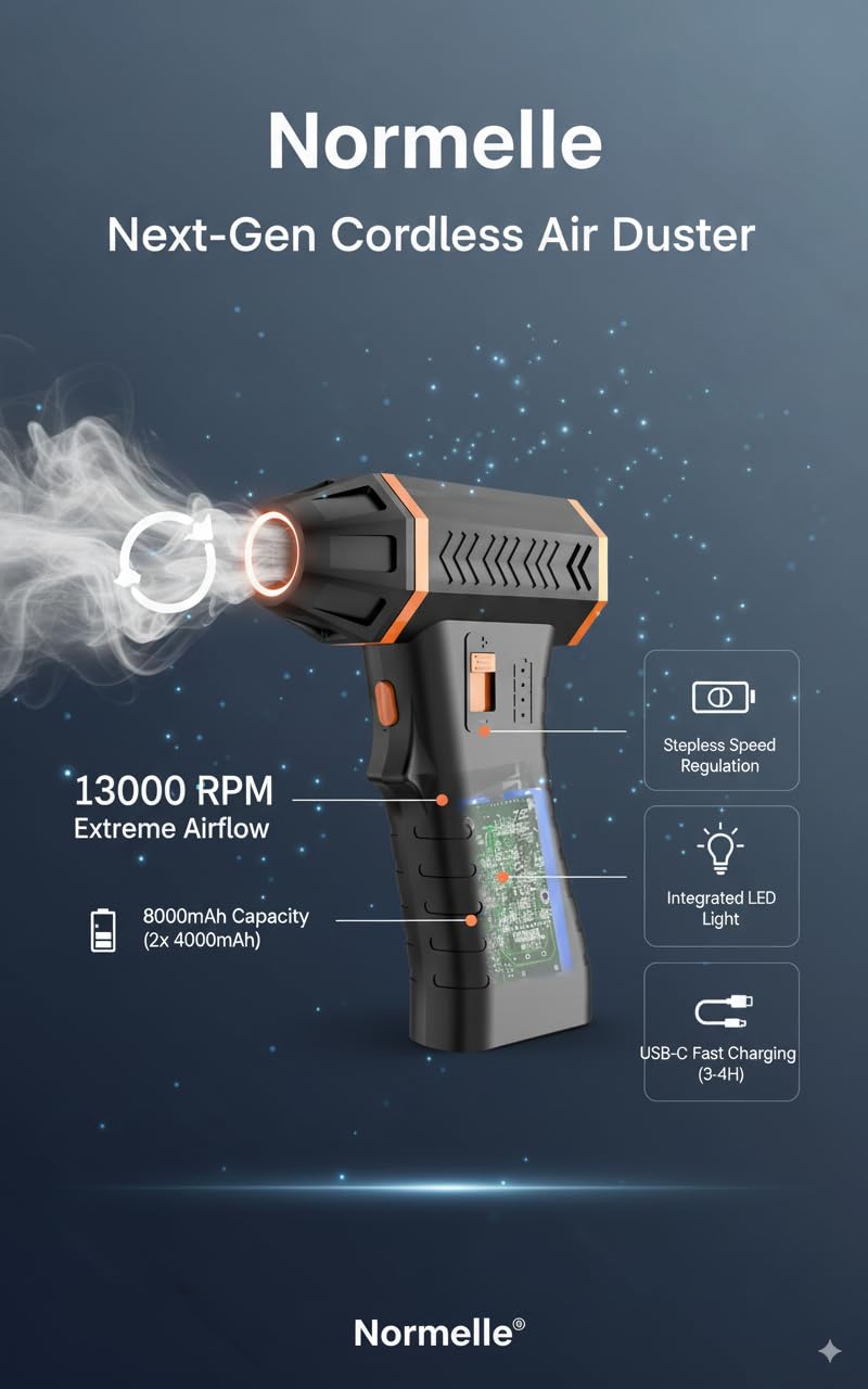 Electric Air Blower Fan 130000 RPM High-Speed Turbo Brushless Motor, USB Powered Dust Blower with 8000mAh Lithium Battery, Stepless Speed Control, Handheld Portable - Image 5