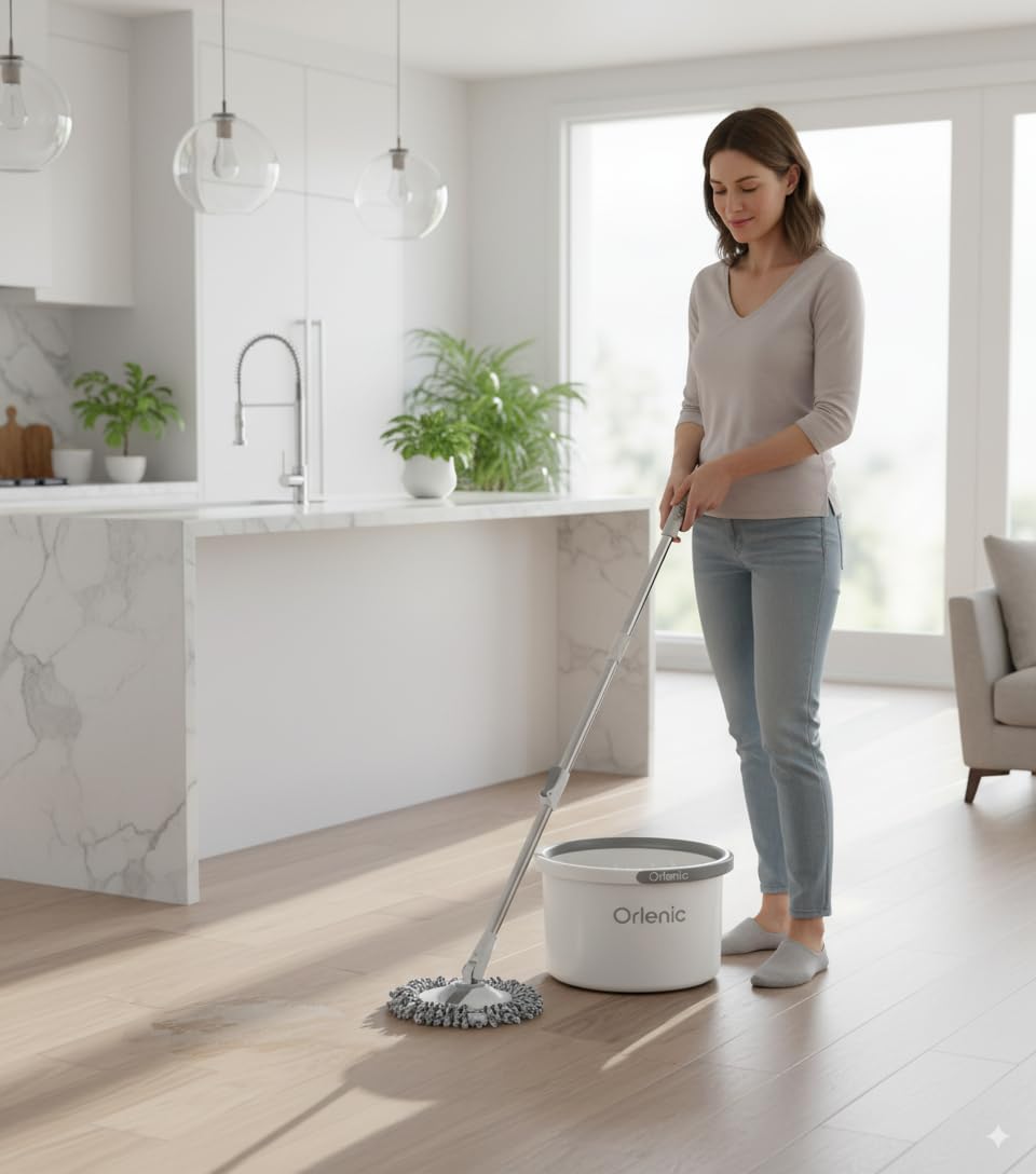 Spin Floor Mop and Bucket Set with Self-Cleaning System, Professional Home Floor Cleaning Kit with Aluminum Telescopic Handle and 4 Reusable Microfiber Pads for Hardwood, Tile, Vinyl - Image 7