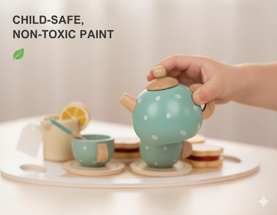 Wooden Tea Set Toy for Kids with Tray, Cups, Teapot, Milk Jug, Spoon, Cookie, Pretend Play Kitchen Accessories for Girls and Boys Ages 3-8, Afternoon Tea Party Set for Toddler Role Play - Image 4