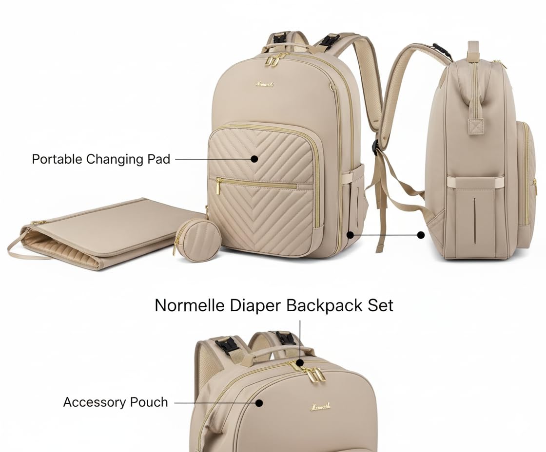Quilted Diaper Bag Backpack with Changing Pad & Pacifier Holder, Large Baby Bag with USB Charging Port, 18 Pockets, Waterproof Travel Diaper Backpack for Moms and Dads – Antique White - Image 5