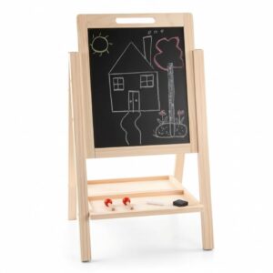 Foldable Wooden Easel Board for Kids | Double-Sided Blackboard & Whiteboard with Chalk, Marker, Eraser, Storage Tray | Adjustable Stand Art & Drawing Board for Toddlers 3+ Years