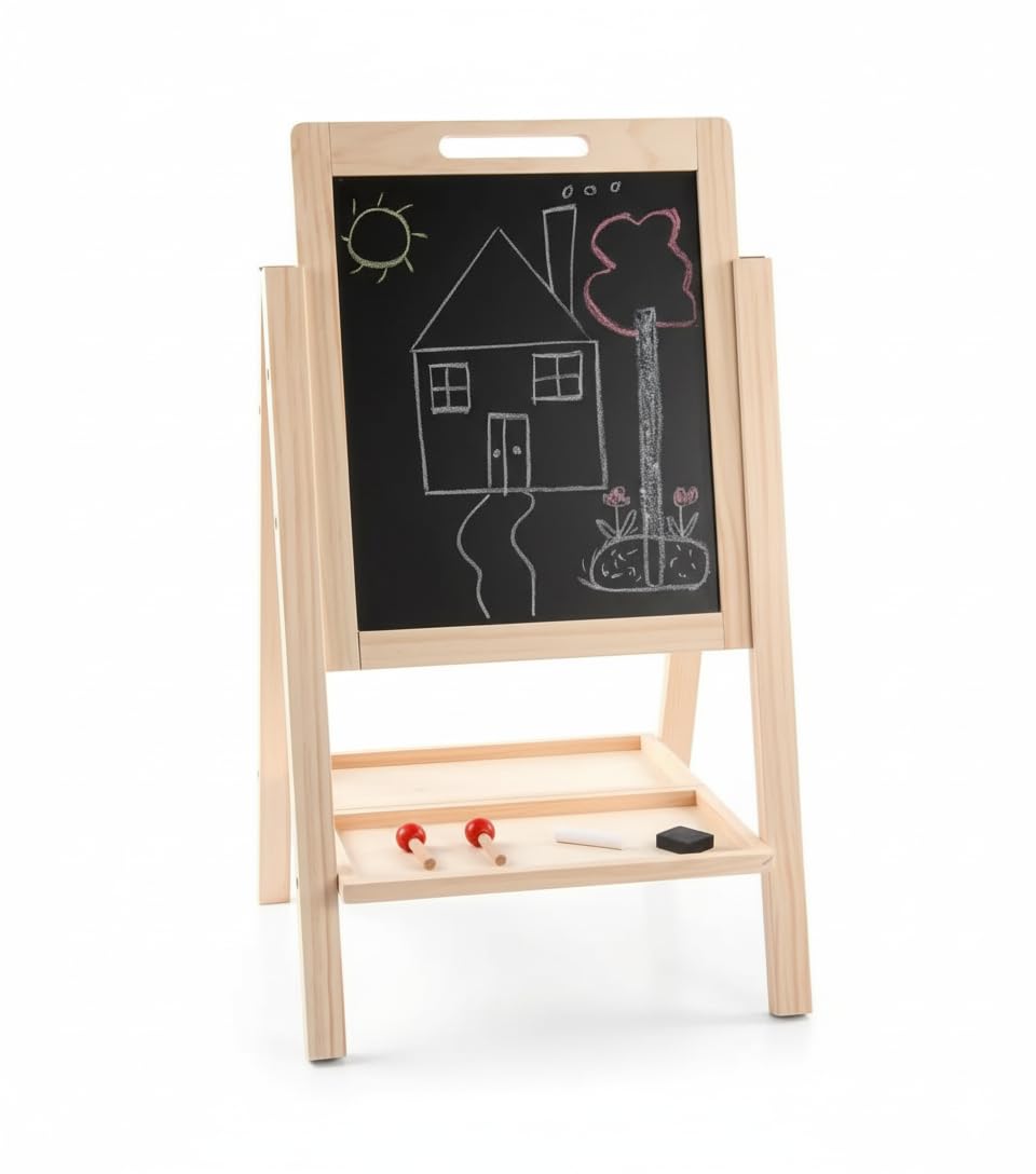 Foldable Wooden Easel Board for Kids | Double-Sided Blackboard & Whiteboard with Chalk, Marker, Eraser, Storage Tray | Adjustable Stand Art & Drawing Board for Toddlers 3+ Years