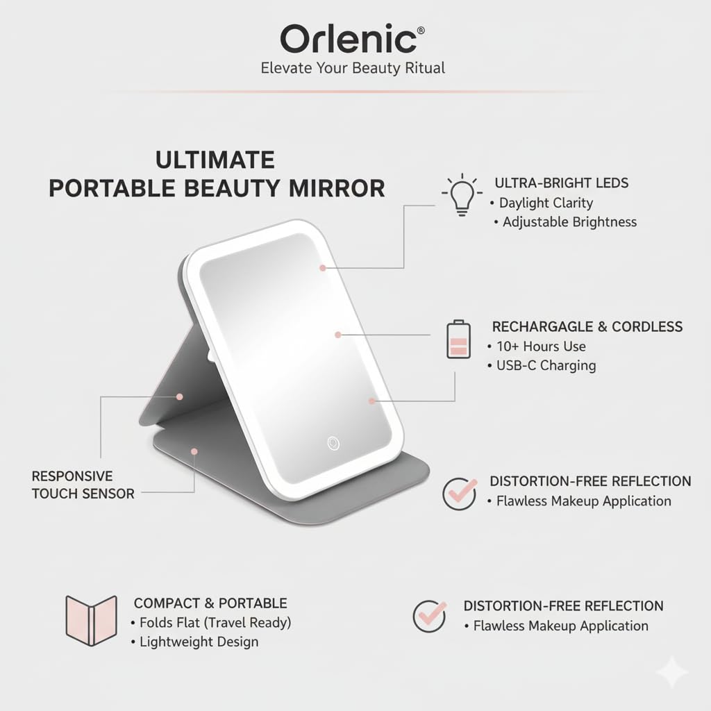 Foldable LED Travel Makeup Mirror with 60 LED Lights, Rechargeable Compact Vanity Mirror with 3 Color Lights, Adjustable Brightness, 360° Rotating Folding Lighted Mirror for Travel - Pink - Image 7