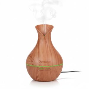 Wooden Cool Mist Humidifier & Aroma Diffuser – 7‑Color LED Flame Night Light, Compact Nano Mist for Cars, Offices, Bedrooms & Baby Rooms