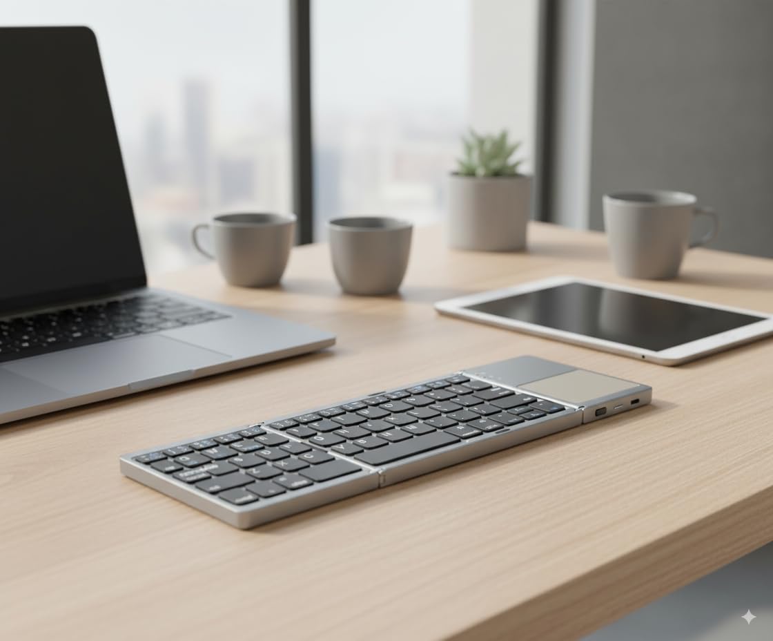 Foldable Bluetooth Keyboard with Touchpad, Portable Wireless Mini Keyboard for PC, Tablet, Smartphone, Android, iOS, Smart TV, Rechargeable, Ergonomic Compact Design, Dark Gray - Image 3