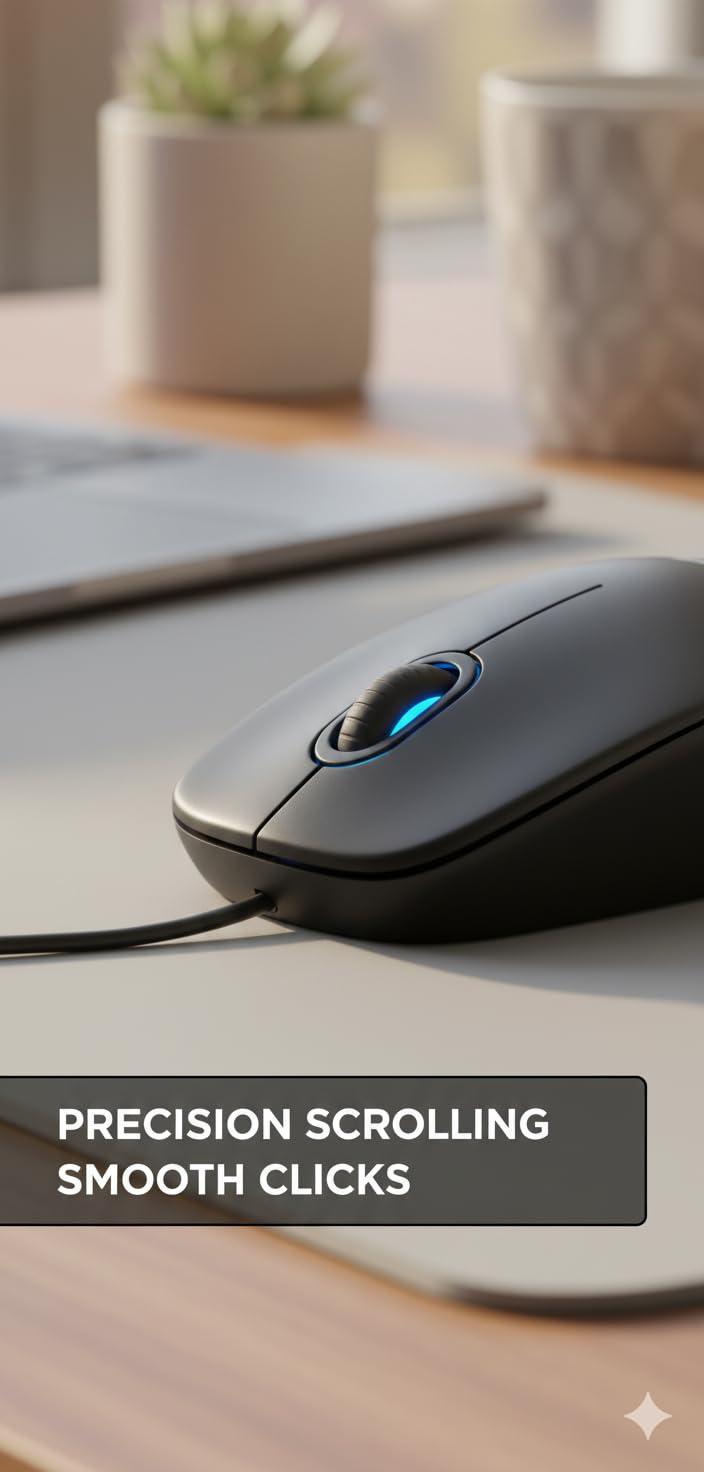 Wired USB Mouse for PC, Mac, Laptop – 3 Buttons, 1000 DPI Optical Tracking, Ergonomic Ambidextrous Design, Plug-and-Play with USB Cable – Smooth Scrolling Computer Mouse - Image 3