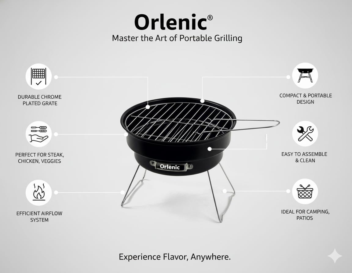 Portable Round Charcoal BBQ Grill – Compact Outdoor Barbecue with Chrome Plated Grates & Enameled Fire Bowl – Camping, Garden, Beach & Picnic Cooking – Easy Fold & Carry - Image 6