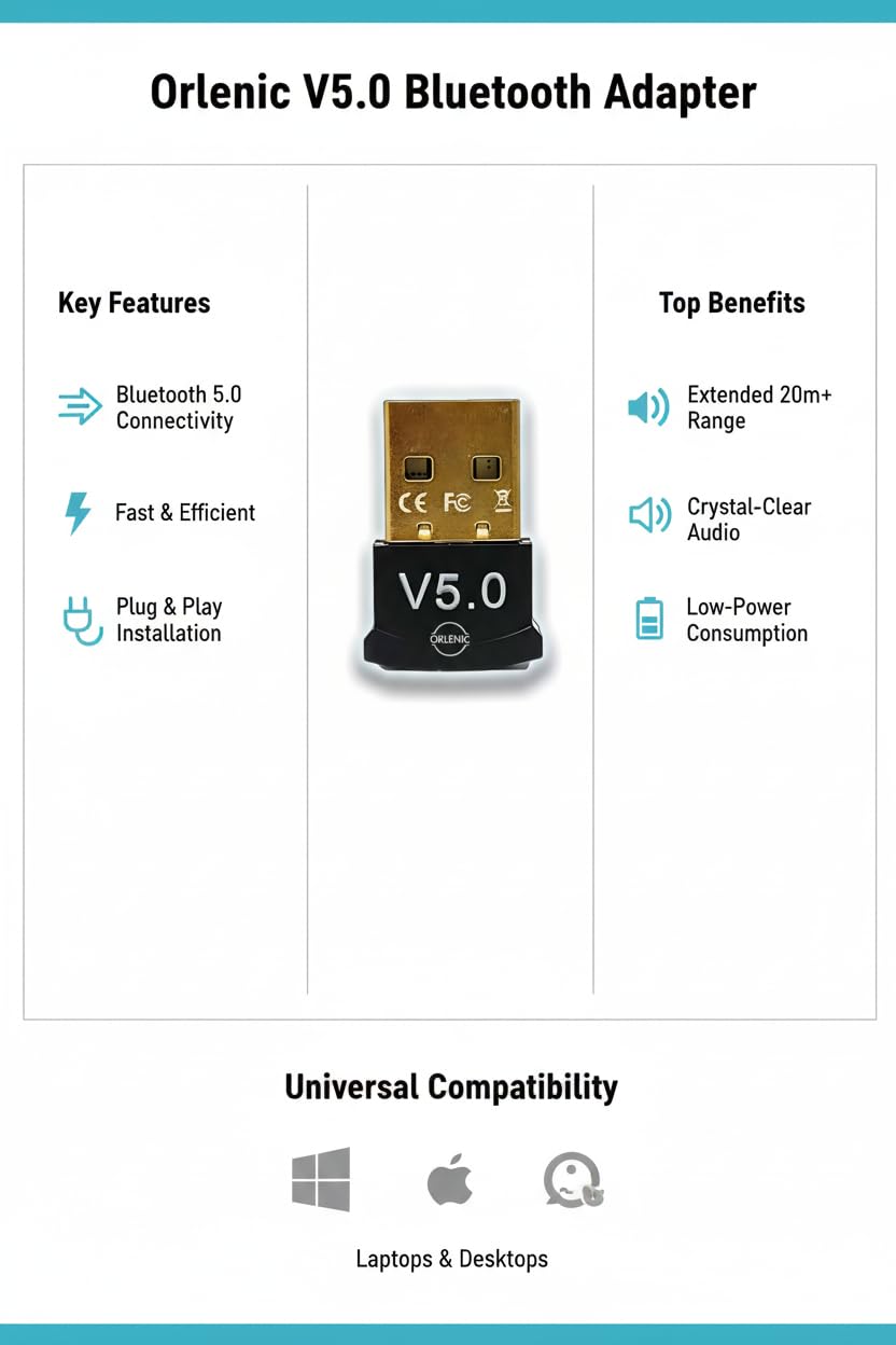 USB Bluetooth 5.0 Dongle Adapter for PC Laptop Desktop – Mini Wireless Audio Receiver Plug and Play – Supports Mouse Keyboard Printer Headset Speaker Gamepad – Compatible with Windows - Image 4