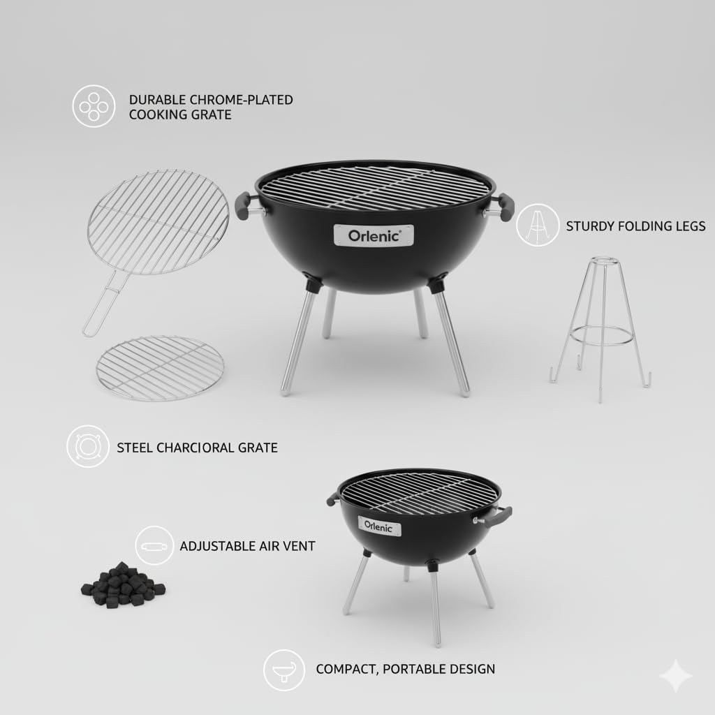 Portable Round Charcoal BBQ Grill – Compact Outdoor Barbecue with Chrome Plated Grates & Enameled Fire Bowl – Camping, Garden, Beach & Picnic Cooking – Easy Fold & Carry - Image 7
