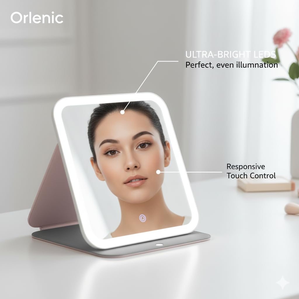 Foldable LED Travel Makeup Mirror with 60 LED Lights, Rechargeable Compact Vanity Mirror with 3 Color Lights, Adjustable Brightness, 360° Rotating Folding Lighted Mirror for Travel - Pink - Image 4