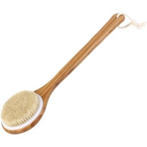 Long Handle Bamboo Bath Brush for Cellulite & Exfoliation/Natural Bristle Wooden Body Brush for Skin Massage & Deep Cleaning