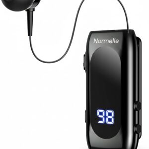 Retractable Bluetooth Headphones with Collar Clip, Wireless Earbuds with Microphone, LED Battery Display, Quick Charge Handsfree Earphone v5.2 with Noise Cancellation for Calls and Music