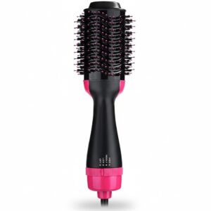 4-in-1 Hot Air Brush Hair Dryer & Volumizer with Ionic Technology – Professional Blow Dryer & Straightener for Smooth & Shiny Styling – Black & Pink