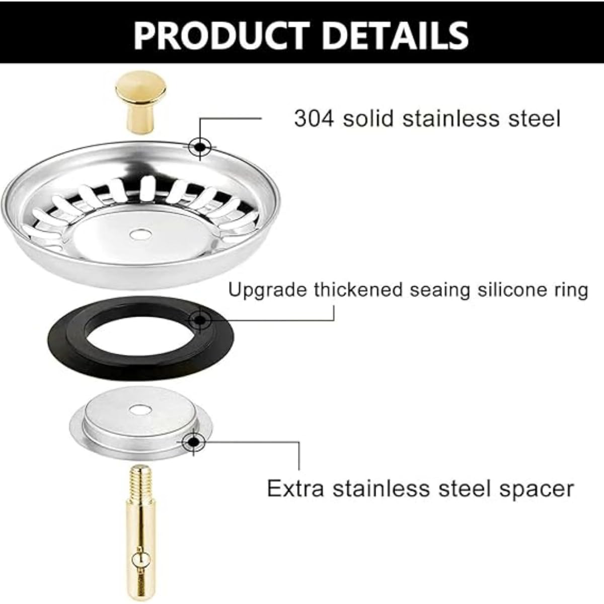 Sink Strainer Stopper/Stainless Steel Kitchen Sink Drain Strainer Plug with Brass Knob and Rubber Seal, Fits Standard Drains, Prevents Clogging, Durable and Rust-Resistant Design - Image 4