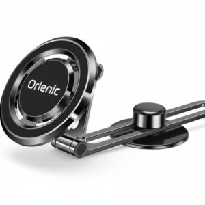 Magnetic Car Phone Holder with Foldable Dashboard Mount, Strong Magnet and Adjustable Arm, MagSafe Compatible Universal Car Mount for All Smartphones, Durable Alloy Build – Black