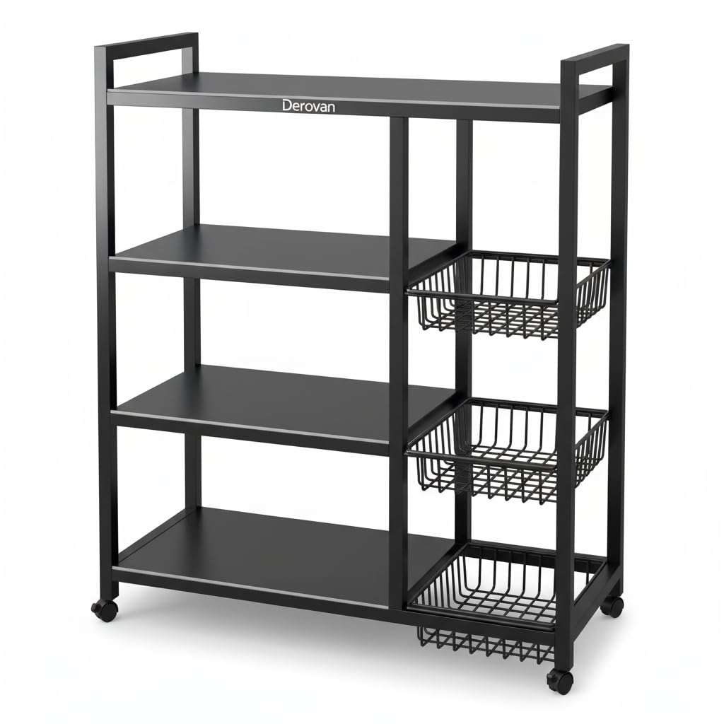 4‑Tier Heavy‑Duty Metal Shelf Rack with Slide‑Out Baskets & Lockable Wheels – Adjustable Shelving for Kitchen, Living Room, Garage