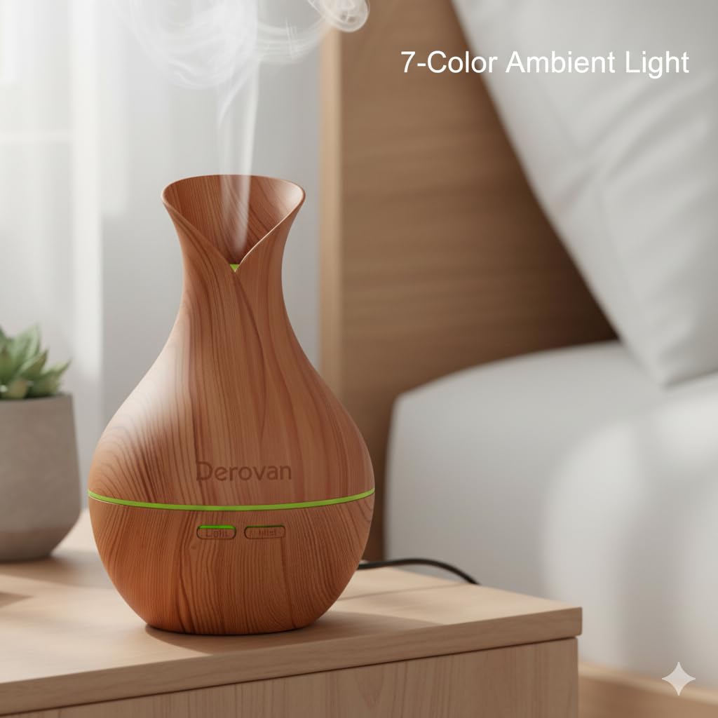 Wooden Cool Mist Humidifier & Aroma Diffuser – 7‑Color LED Flame Night Light, Compact Nano Mist for Cars, Offices, Bedrooms & Baby Rooms - Image 3