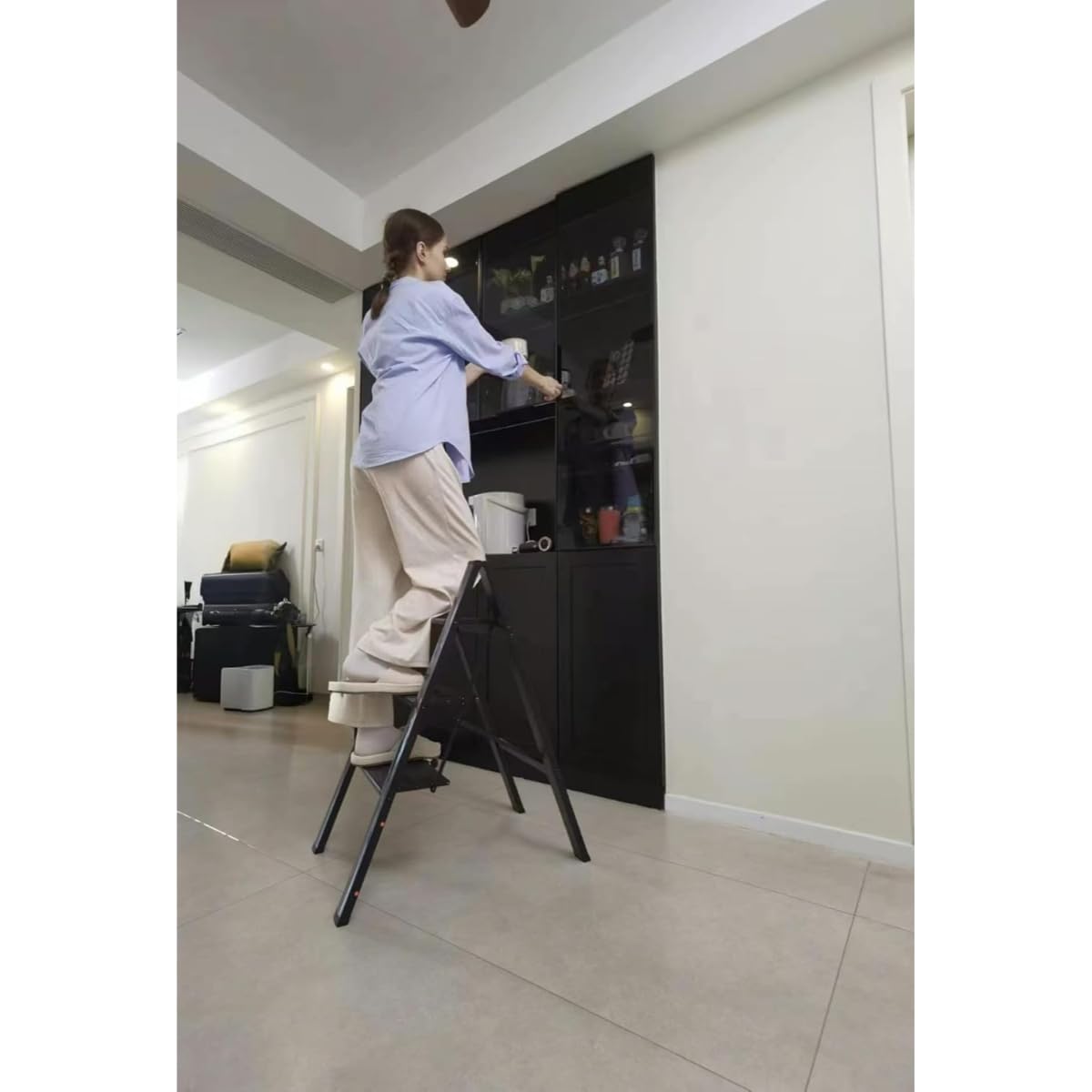 3 Step Ladder Aluminum Folding Step Stool/ 300 lb Capacity, Lightweight Portable Ladder with Wide Anti-Slip Pedals for Home Kitchen Office/Stylish Black, Safety Lock, Space-Saving Design - Image 3