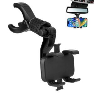 universal rearview mirror phone mount – 360° adjustable rotating car holder, four-point secure grip, hands-free driving support, strong ABS clamp for daily commuting, ride share, road trips