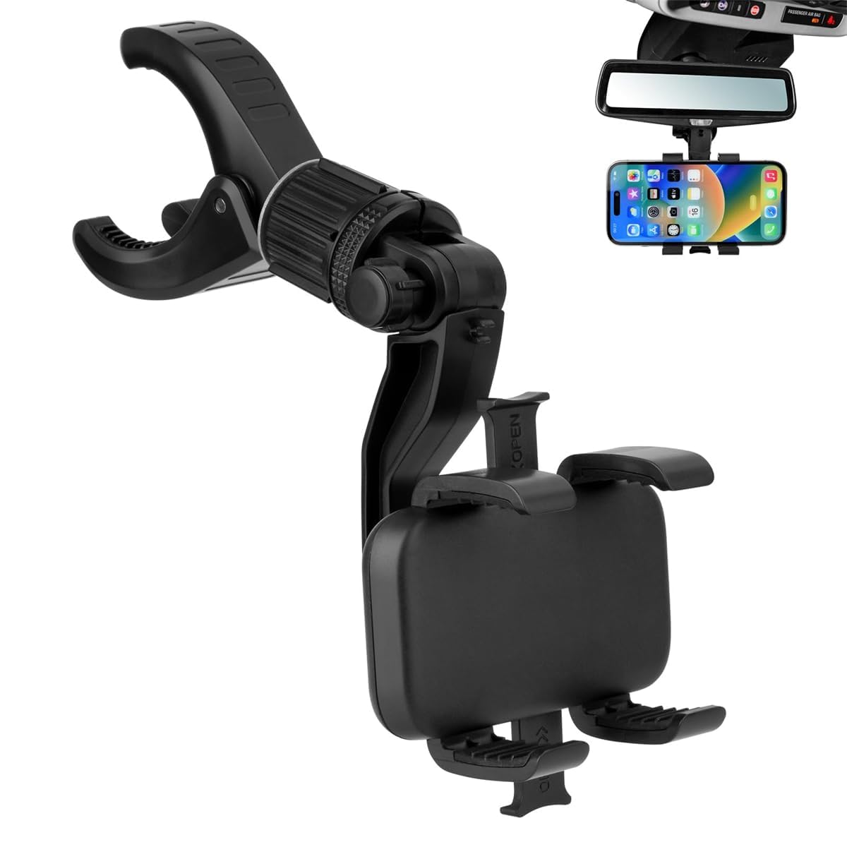 universal rearview mirror phone mount – 360° adjustable rotating car holder, four-point secure grip, hands-free driving support, strong ABS clamp for daily commuting, ride share, road trips