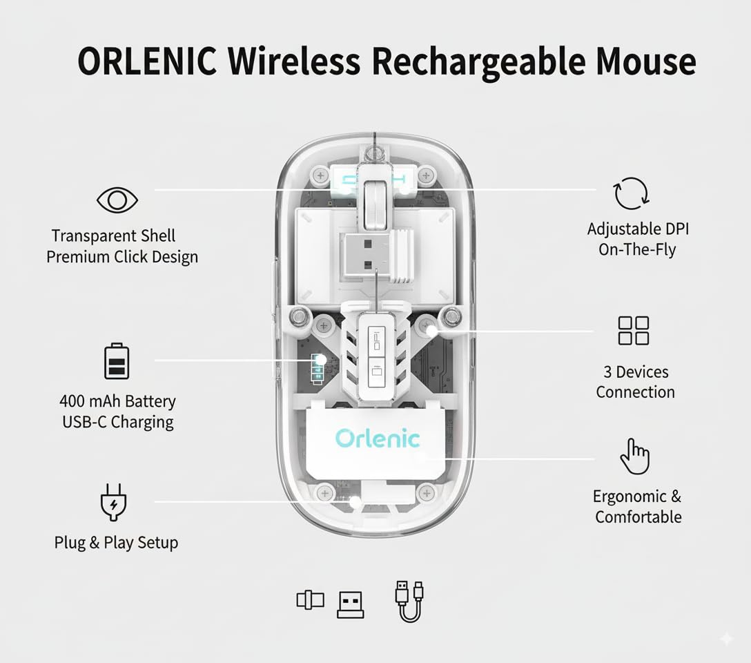 Wireless Mouse with Bluetooth 5.1 and 2.4G Dual Mode, Transparent Shell, Rechargeable Silent Click Design, Adjustable DPI, LED Battery Display, Lightweight Portable Optical Mouse - Image 6