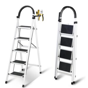 Foldable Ladder 5 Steps/Folding Step Stool with Wide Anti-Slip Pedals, Sturdy Steel Construction for Adults, Home, Kitchen, Garden, or Office Use