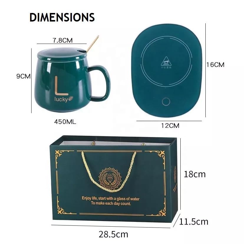 Green Portable Coffee/Tea Warmer - Auto Shut On/Off, Ceramic Cup, Electric Mug Warmer for Office/Home Desk. Set with Lid, Spoon, Heating Pad - Image 3