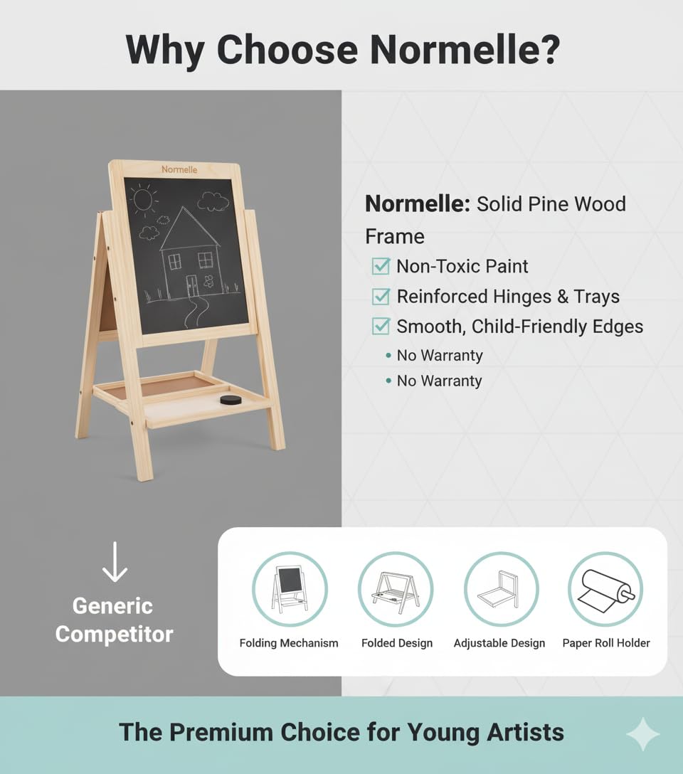 Foldable Wooden Easel Board for Kids | Double-Sided Blackboard & Whiteboard with Chalk, Marker, Eraser, Storage Tray | Adjustable Stand Art & Drawing Board for Toddlers 3+ Years - Image 5