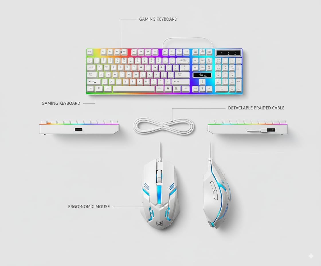 Wired Gaming Keyboard and Mouse Combo with 104 Keys, Mechanical Feel, LED Backlit Keyboard and Ergonomic Mouse, USB Computer Keyboard Set for Windows Desktop Laptop PC – White - Image 5