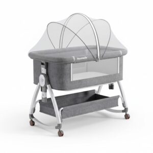 Baby Cot Bed Bassinet with Mattress and Mosquito Net | 3-in-1 Adjustable Bedside Co-Sleeper with 6-Height Settings, 360° Wheels & Storage Basket for 0-18 Months Babies Grey