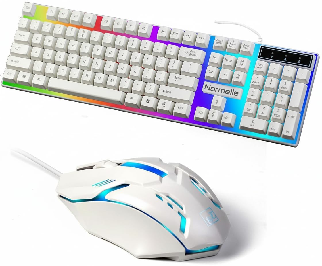 Wired Gaming Keyboard and Mouse Combo with 104 Keys, Mechanical Feel, LED Backlit Keyboard and Ergonomic Mouse, USB Computer Keyboard Set for Windows Desktop Laptop PC – White