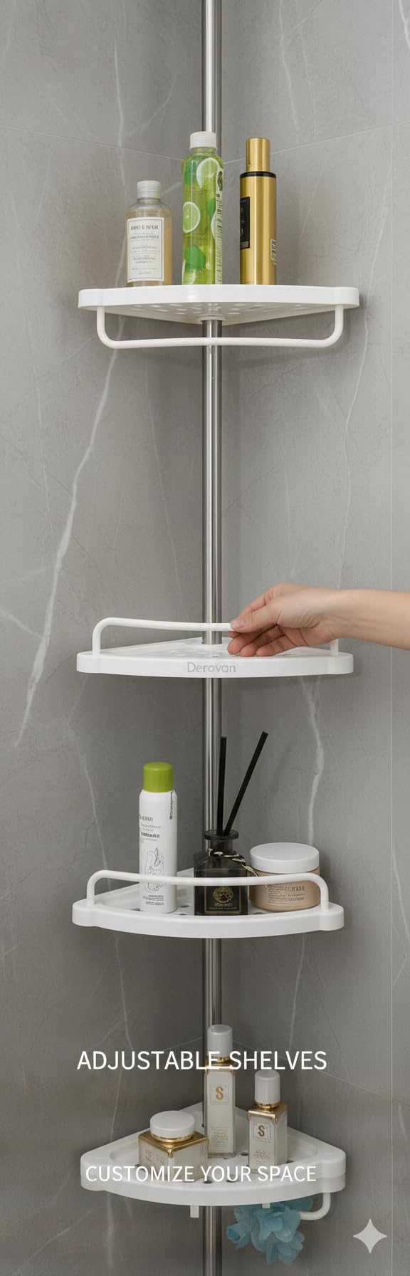 4‑Tier Tension‑Pole Corner Shower Caddy – Height‑Adjustable 150‑280 cm Rust‑Resistant 304 Stainless Organizer with Hooks & Drainable Shelves - Image 3