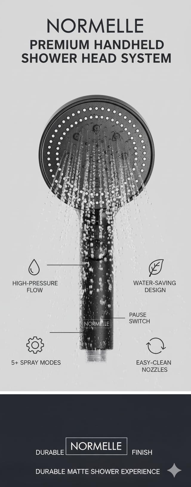 High Pressure Handheld Shower Head with 5 Spray Settings, Extra Long 78-Inch Stainless Steel Hose, Adhesive Adjustable Holder, Matte Black, ON/OFF Pause Switch for Bathroom & RV - Image 6